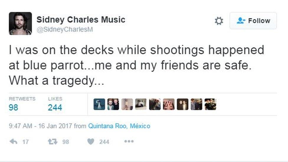 Tweet by DJ Sidney Charles reading: "I was on the decks while shootings happened at blue parrot...me and my friends are safe. What a tragedy..."