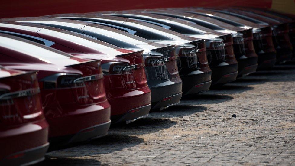 Tesla cars lined up