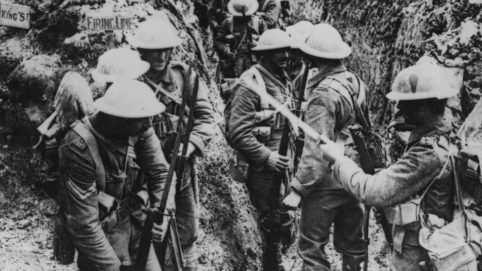 Lancashire Fusiliers fixing bayonets prior to the assault on Beaumont Hamel, during the Battle of Albert