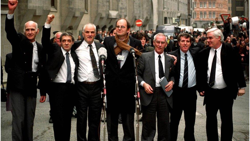 The Birmingham Six after winning their appeal with journalist Chris Mullin (centre) in 1991