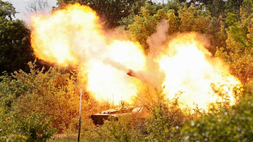 A self-propelled howitzer 2S1 Gvozdika of pro-Russian troops fires a leaflet shell in the direction of Sievierodonetsk