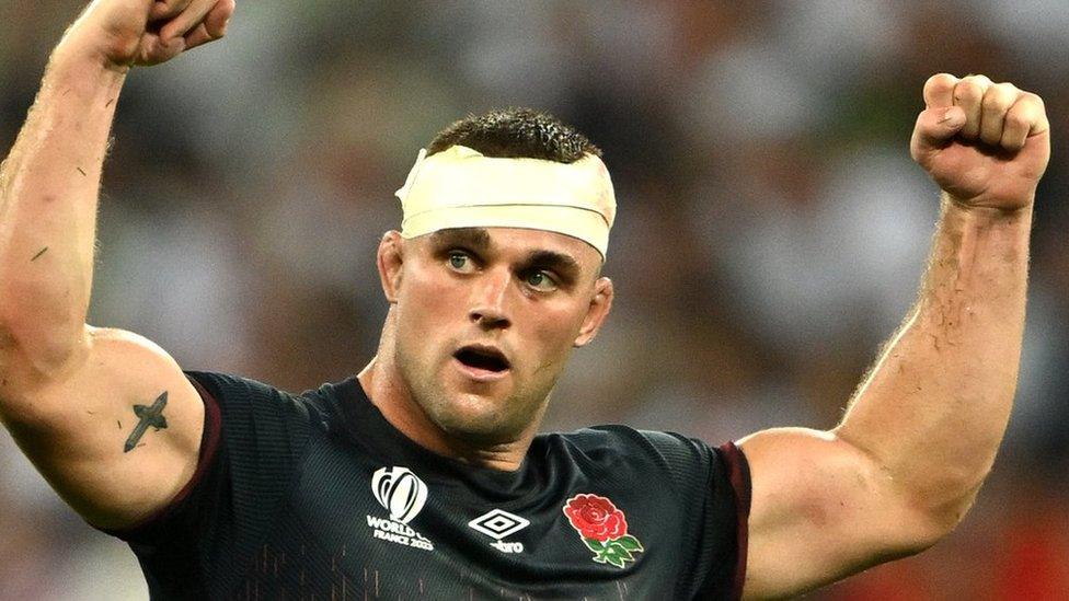 England's Ben Earl celebrates a late try against Japan