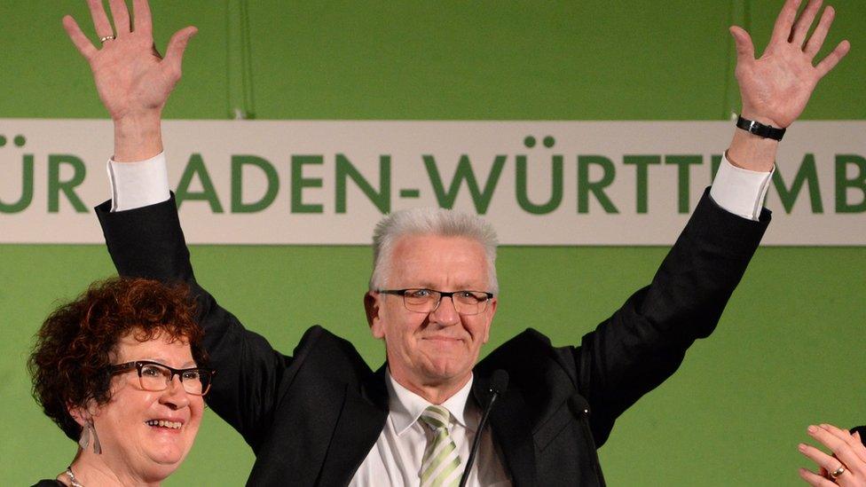 Green Party Premier Winfried Kretschmann, of the state of Baden-Wuerttemberg addresses supporters. 13 March 2016