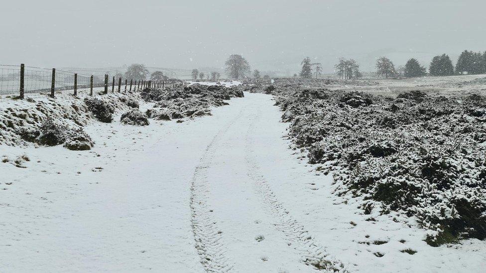 Snowy path in Llanbister, near Llandrindod Wells, Powys