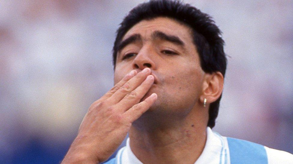 Diego Maradona celebrates Argentina scoring against Nigeria