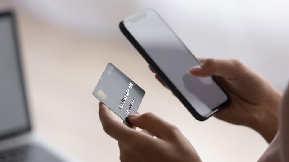 Female hands holding plastic card and mobile (stock photo)