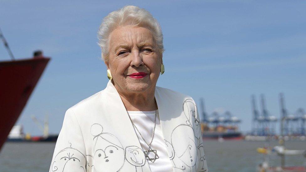 Dame Stephanie Shirley at the unveiling of a memorial to Kindertransport on the quayside at Harwich.