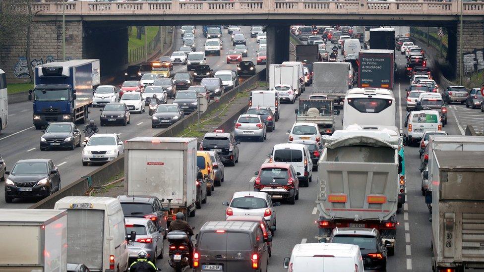 Rush hour traffic fills the ring road in Paris as a strike by French transportation workers continues on 6 December, 2019.