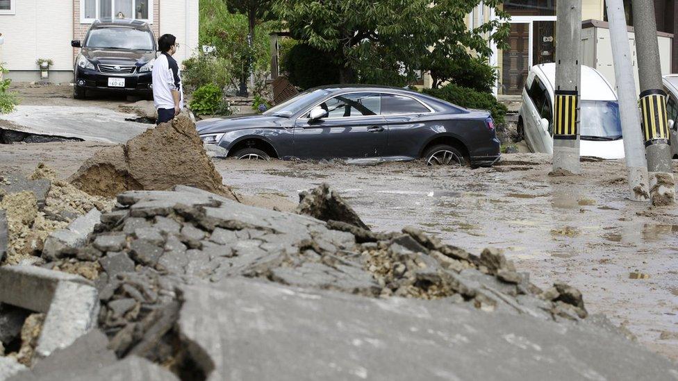 A damaged road in Sapporo