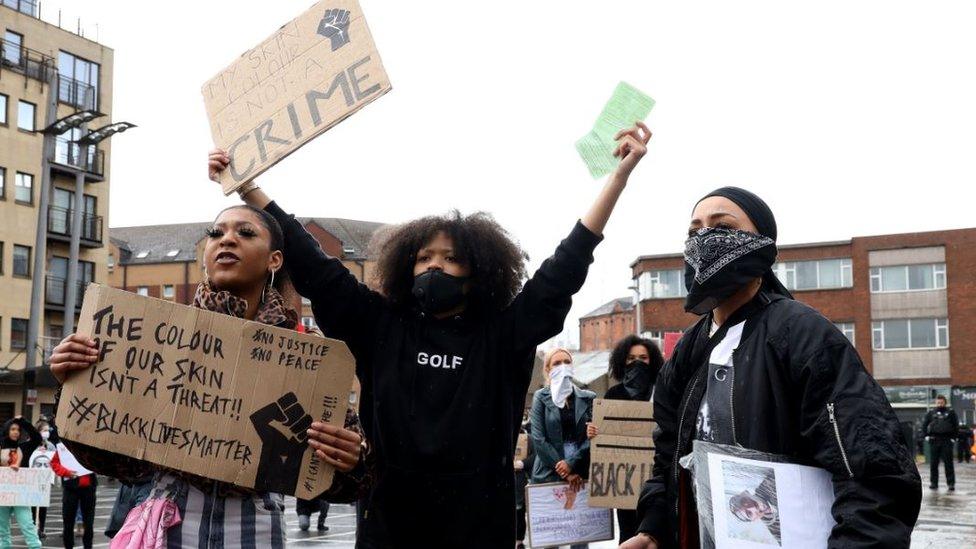 Protesters at the anti-racism demonstration in Belfast on Saturday