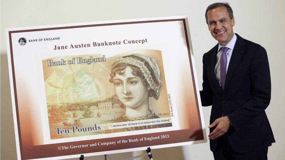 Mark Carney with an early design for the new £10 note