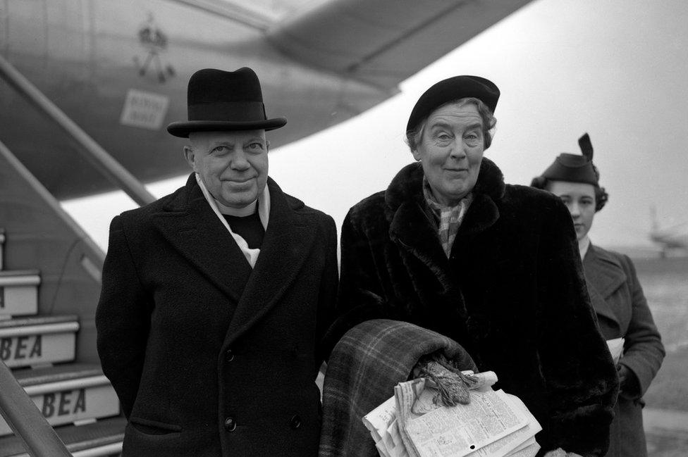 George Bell with Henrietta Livingstone at London airport, about to leave for Frankfurt in 1954