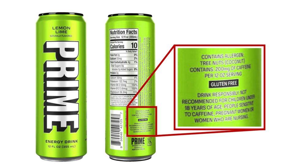 A graphic showing Prime Energy's caffeine warning is located at the lower section of the back of the can