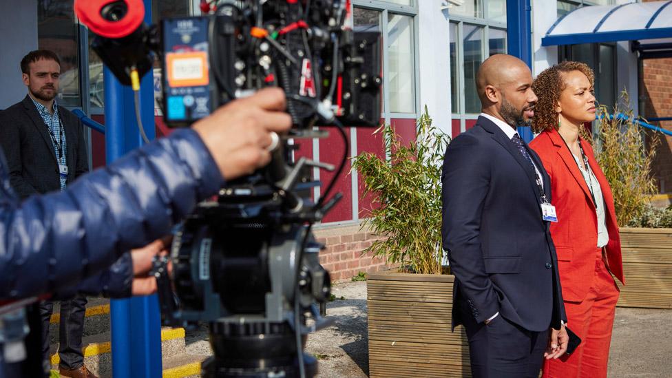 Joe Casey (James Baxter), Lindon King (Vincent Jerome) & Kim Campbell (Angela Griffin) being filmed on set for Waterloo Road