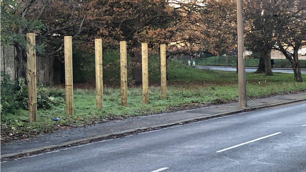 Wooden posts at the site in Shoeburyness