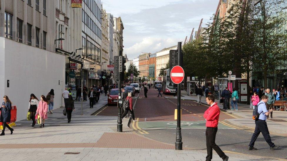 Shoppers in Belfast city centre street in Royal Avenue