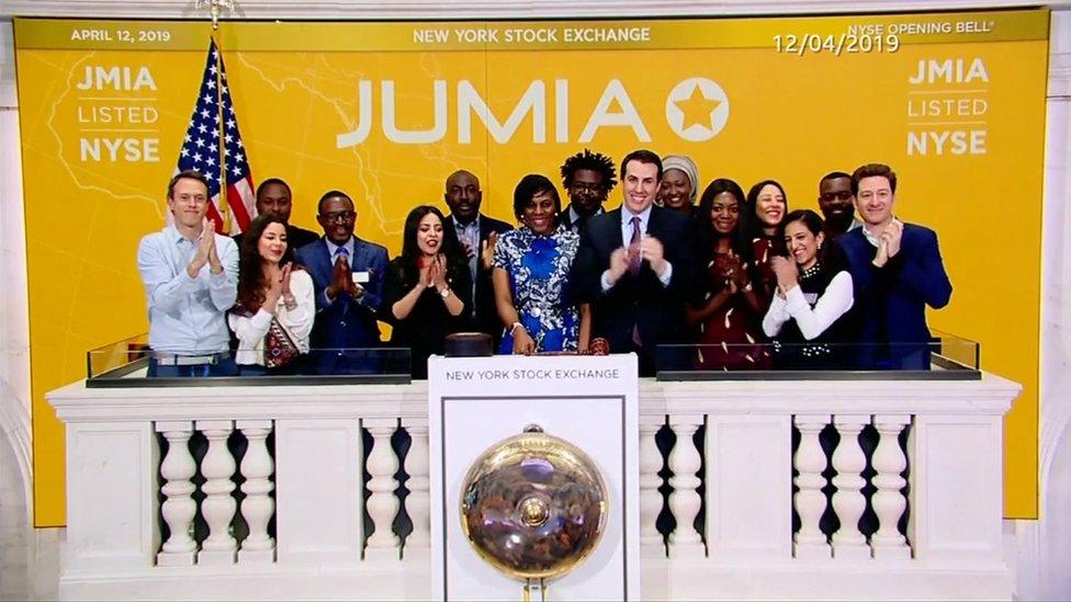 Jumia bosses and staff on the famous balcony at the New York Stock Exchange