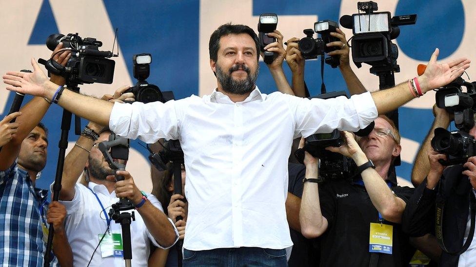 League party leader Matteo Salvini gestures during a rally in Pontida, Italy, 15 September 2019