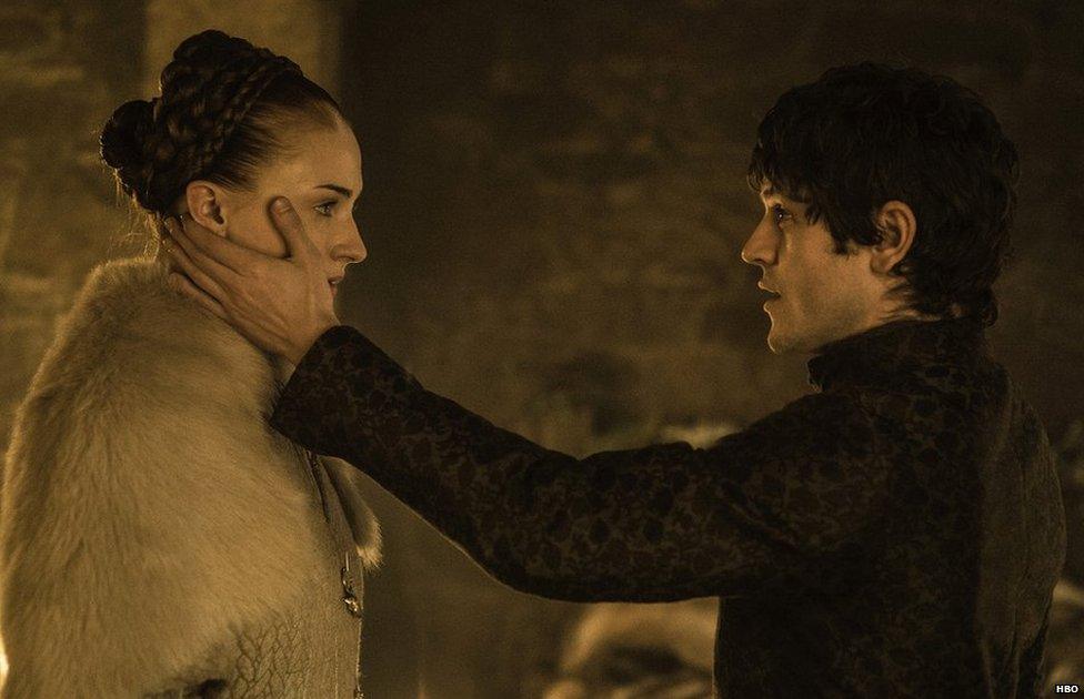 Sophie Turner as Sansa Stark and Iwan Rheon as Ramsay Bolton