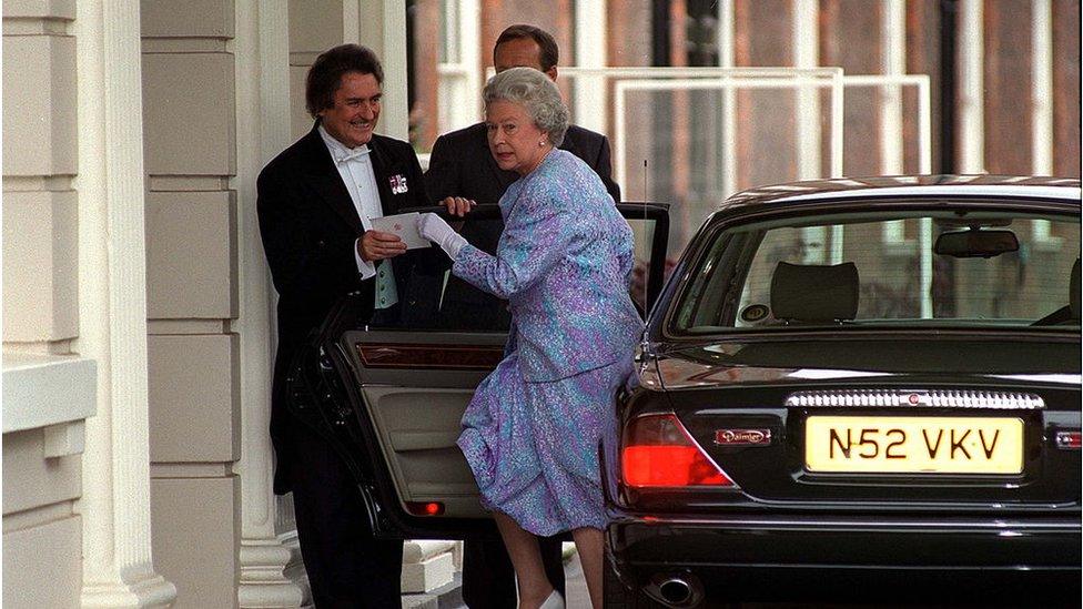 The Queen arriving At Clarence House In Her Daimler Jaguar Car For The Queen Mother's 97th Birthday in 1997