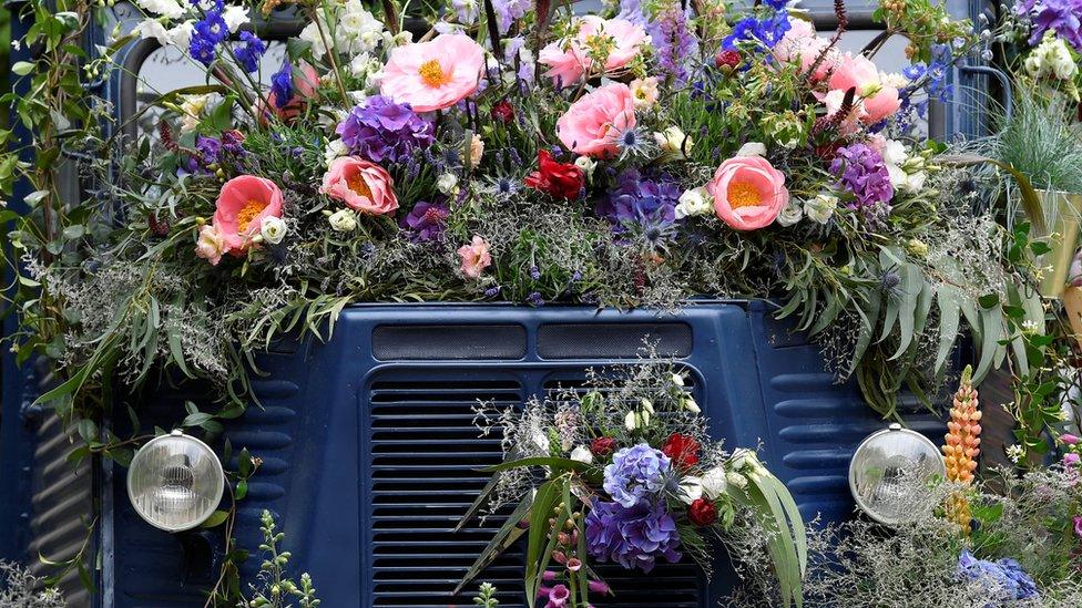 Flower display in a van