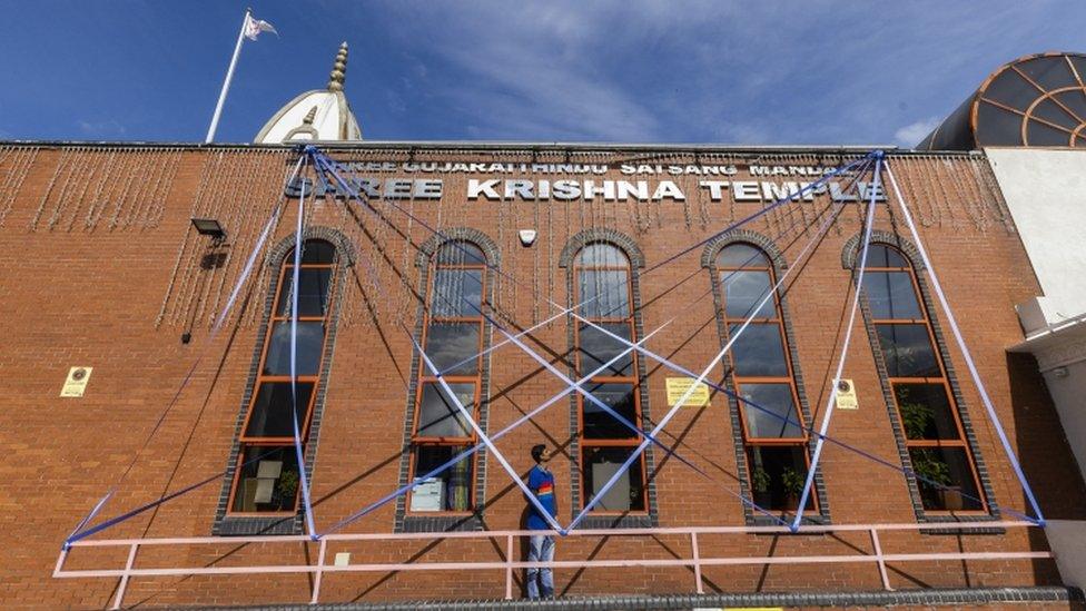 One of Tom Pipers Ribbon Installations is unveiled at Shree Krishna Temple