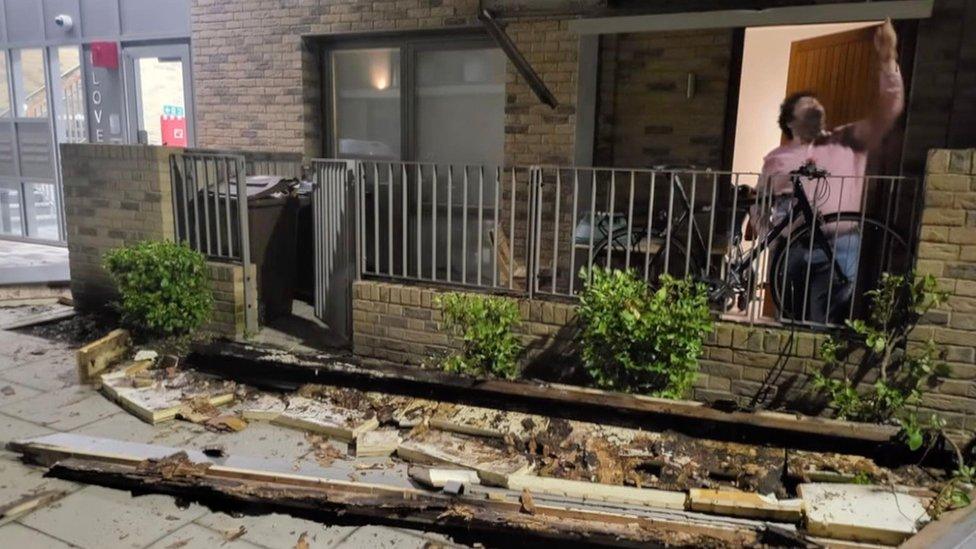 Image showing rubble from a balcony on the Weavers Quarter estate in Barking