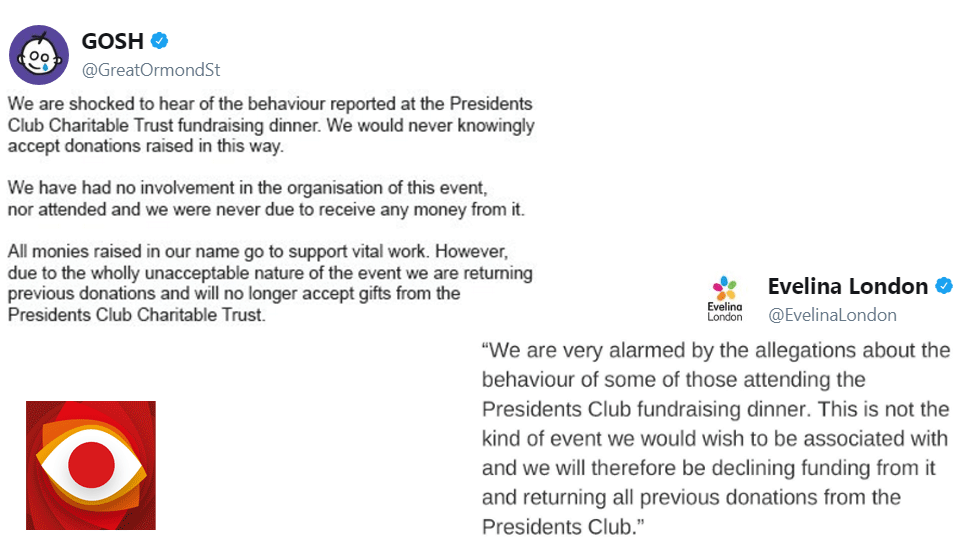 Tweets from Great Ormond Street Hospital and Evelina London saying they would be returning donations from The Presidents Club.