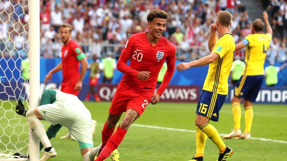 Dele Alli scores for England in the 2018 World Cup.