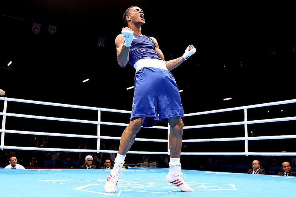 Anthony Ogogo of Great Britain celebrates his victory over Levgen Khytrov of Ukraine during the Men's Middle (75kg) Boxing on Day 6 of the London 2012 Olympic Games