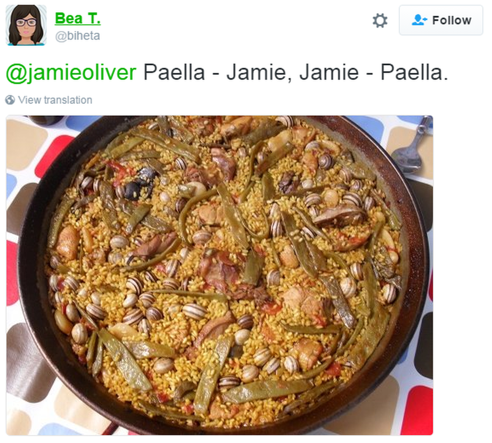 A tweet reads: "Paella - Jamie. Jamie - paella" plus a picture of some paella