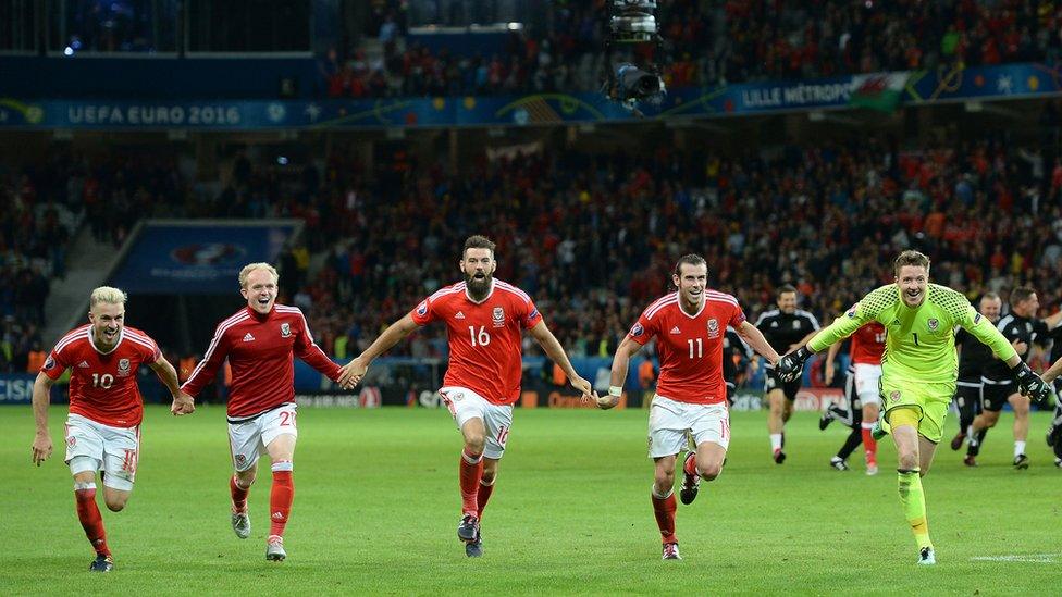 Wales players celebrate after the UEFA Euro 2016, quarter final match at the Stade Pierre Mauroy, Lille