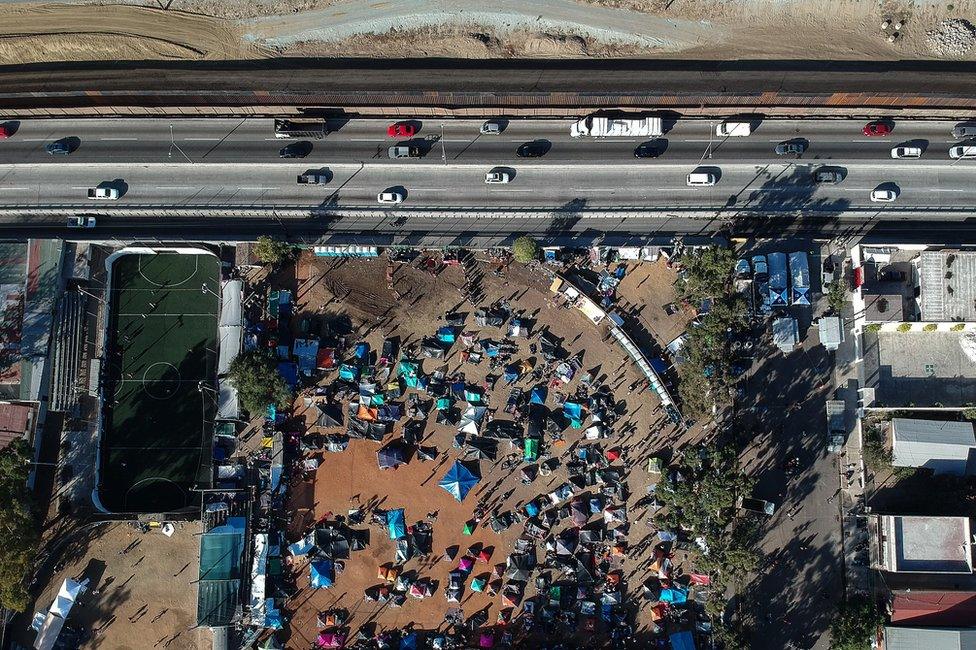 An aerial view of shelters where members of the Central American migrant caravan are staying in the city of Tijuana, Baja California, Mexico, 23 November