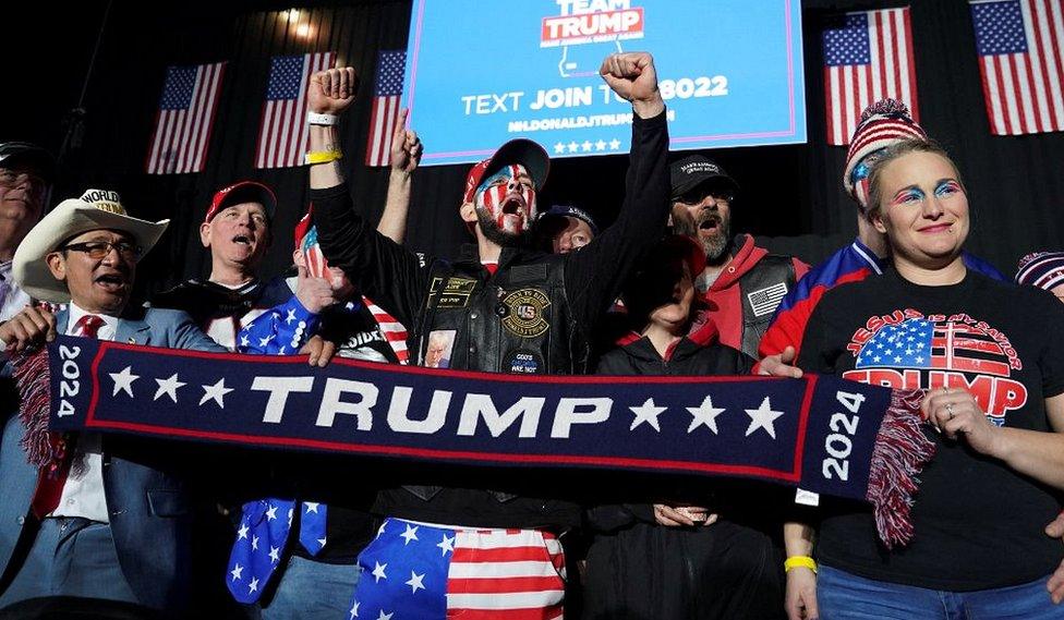 Trump supporters at a rally in New Hampshire, 20 Jan 24