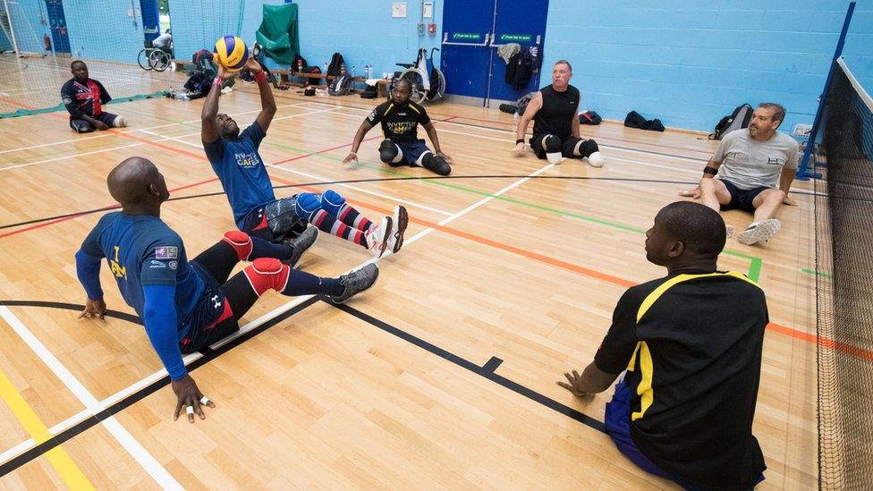 The Invictus sitting volleyball team during a training session