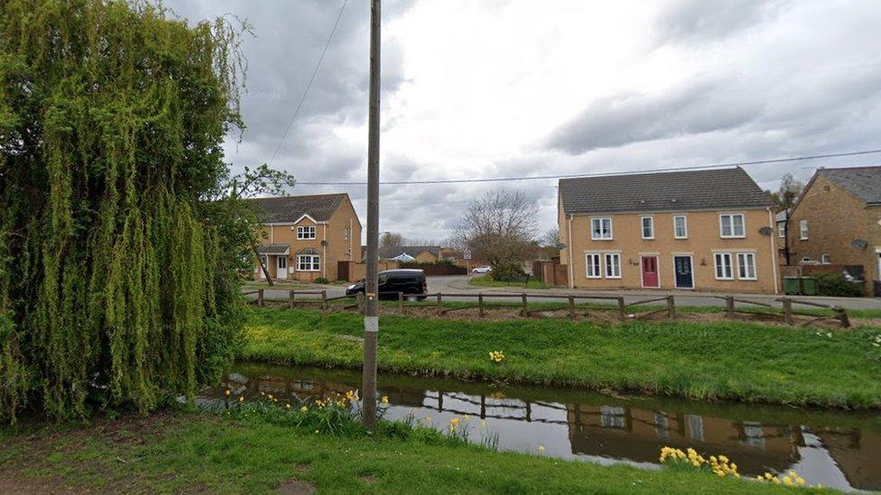 Road between two houses in the background, willow tree and river in the foreground