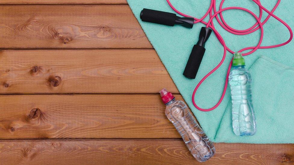 Water bottles and a skipping rope