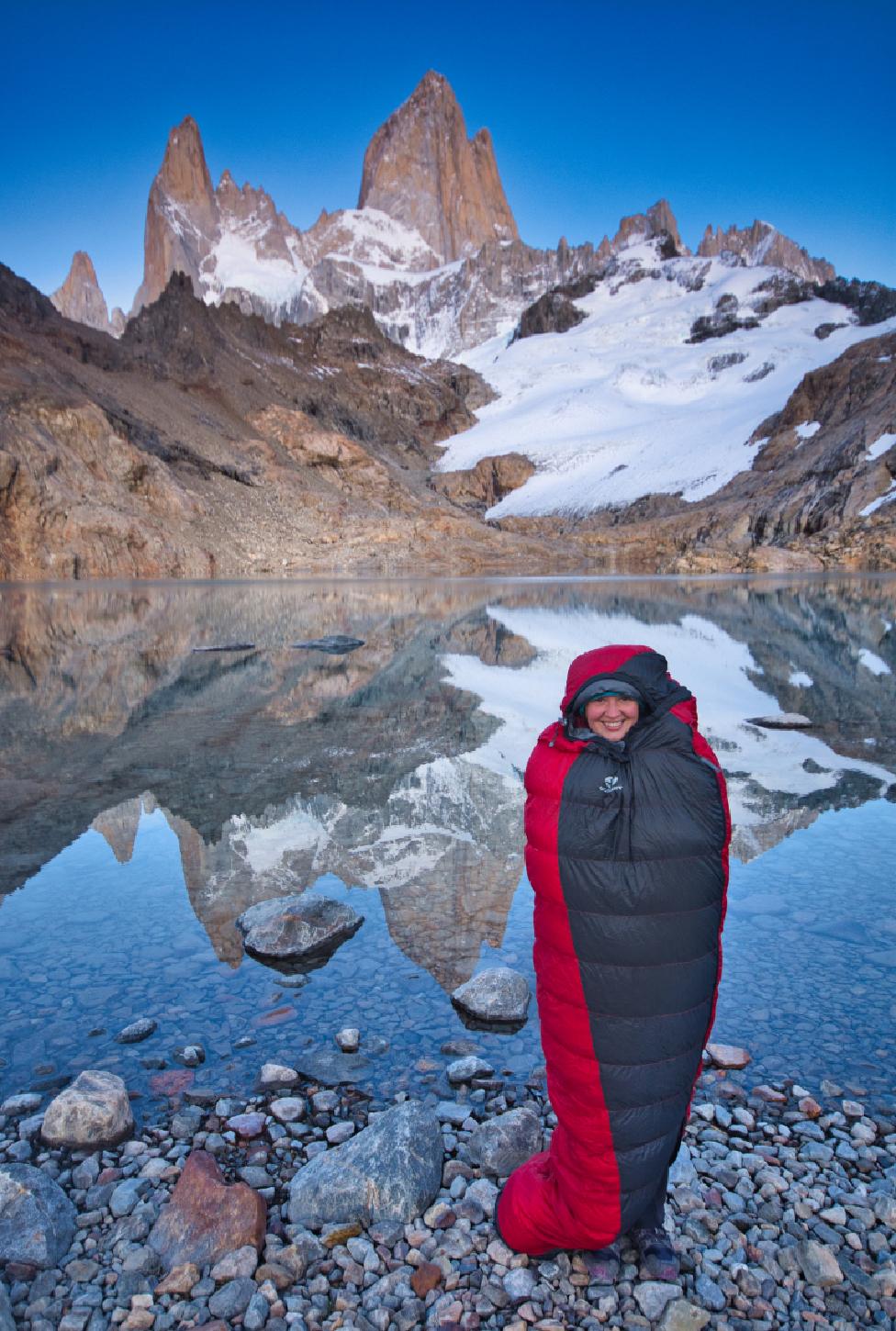 Radka in a sleeping bag in Los Glaciares national park