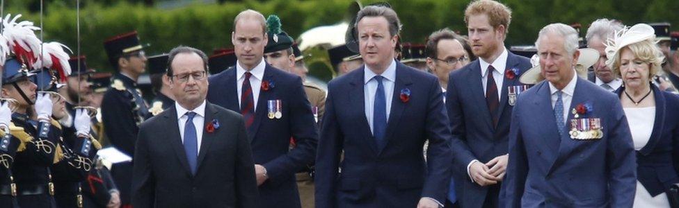 French President Francois Hollande with David Cameron, Prince Charles, the Duke of Cambridge and Prince Harry