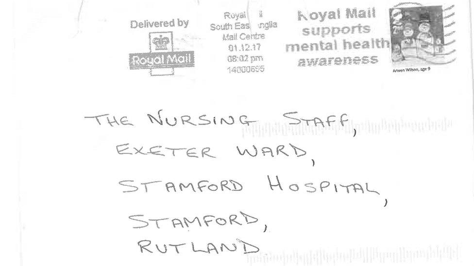 The envelope for the card sent to Stamford Hospital