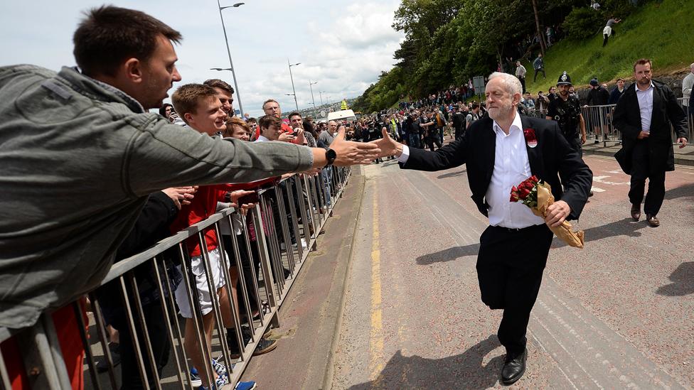 Britain's main opposition Labour Party leader Jeremy Corbyn greets supporters as he leaves after attending a campaign visit in Colwyn Bay, north Wales on June 7, 2017, on the eve of the general election.