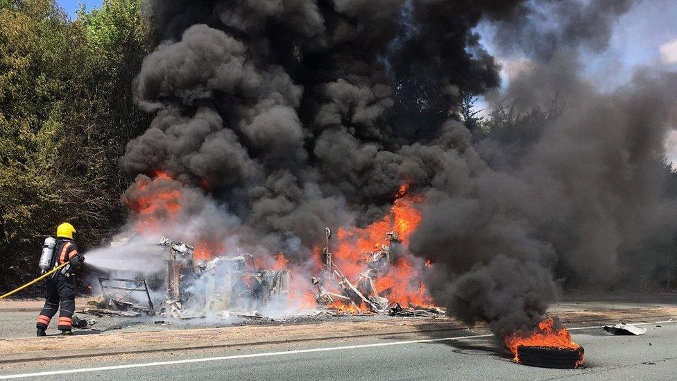 Bus fire on A11