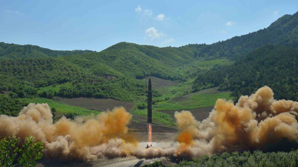 The intercontinental ballistic missile Hwasong-14 is seen during its test launch in this undated photo released by North Korea"s Korean Central News Agency (KCNA) in Pyongyang, July, 4 2017.