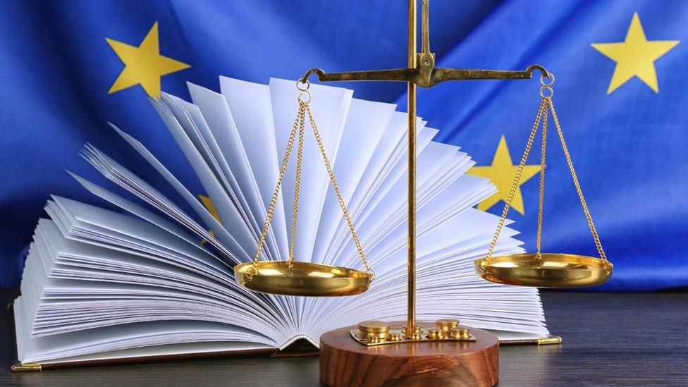 Scales and books in front of EU flag