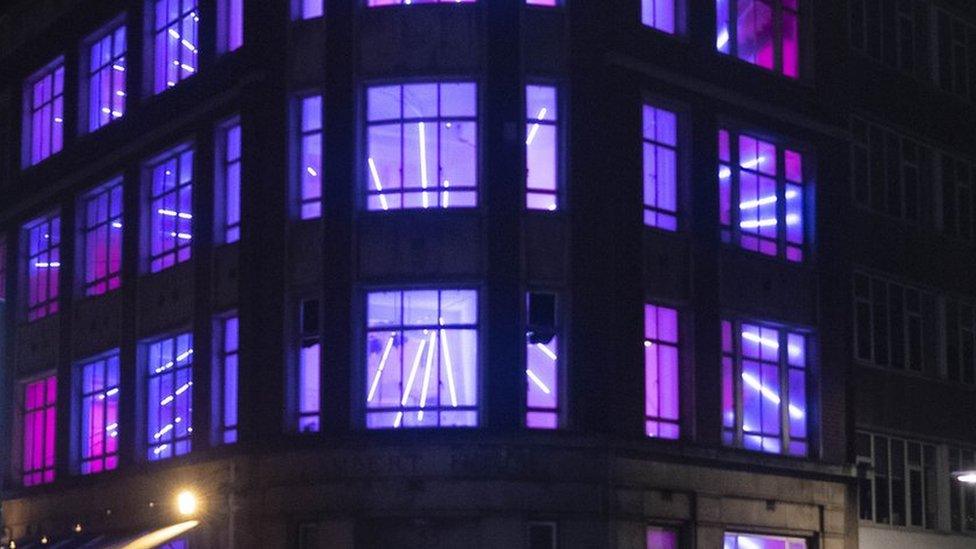 A house lit up with lights