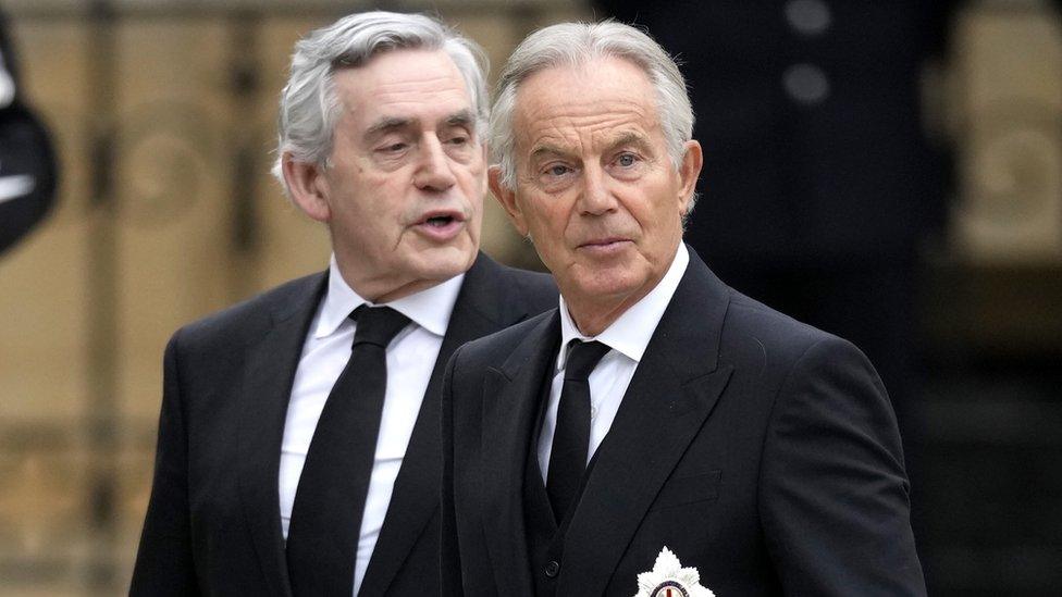 Tony Blair and Gordon Brown arrive for the Queen's funeral