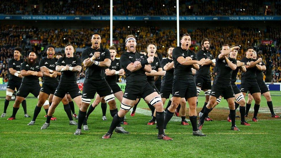 The All Blacks perform the Haka before the Bledisloe Cup Rugby Championship match between the Australian Wallabies and the New Zealand All Blacks at ANZ Stadium on 20 August 2016 in Sydney, Australia