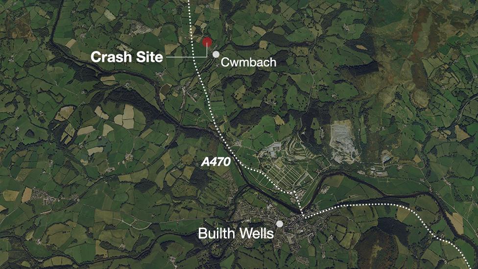 A map showing the crash site