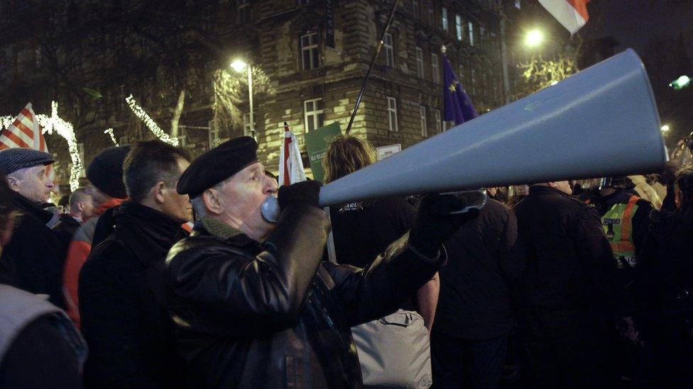 A supporter of of far-right Jobbik (Better) party in Budapest, Hungary in 2012