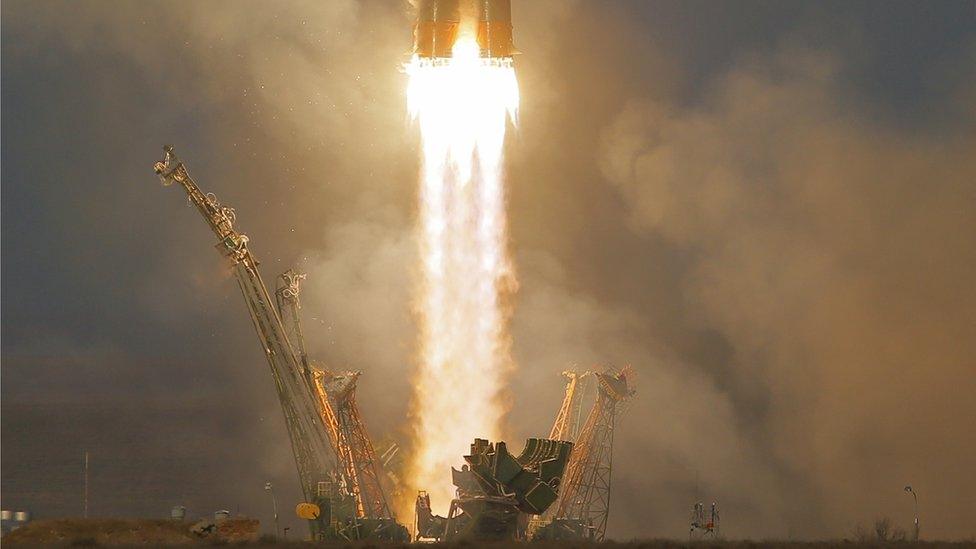 The Soyuz spacecraft taking off